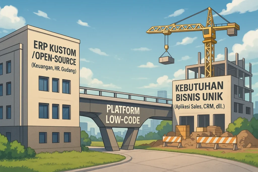 Diagram arsitektur solusi ERP hybrid, di mana platform low-code menjadi jembatan antara ERP inti yang stabil dan inovasi bisnis yang lincah.