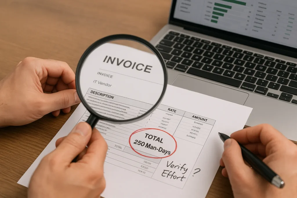 Tangan auditor menggunakan kaca pembesar untuk memeriksa baris tagihan "man-days" pada faktur proyek IT, menyoroti proses verifikasi effort vendor.