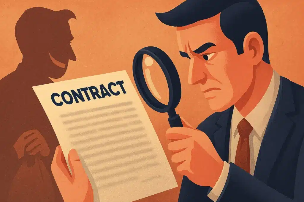 Visualisasi pengusaha bingung membaca kontrak vendor aplikasi yang kabur dan tidak transparan, menyimbolkan biaya tersembunyi.