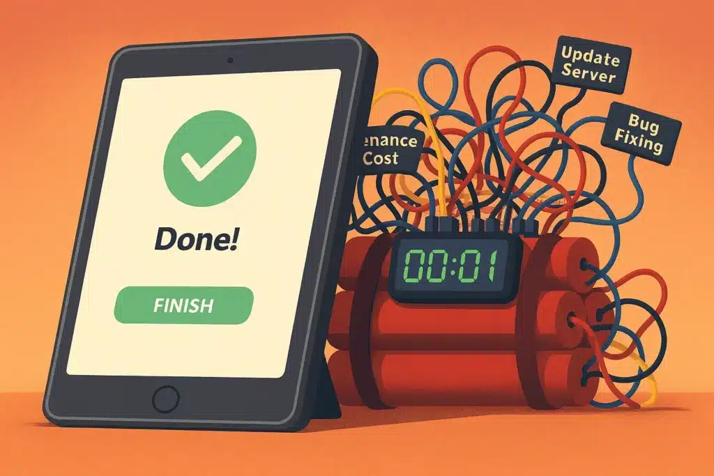 Ilustrasi bom waktu biaya perawatan tersembunyi di balik aplikasi yang terlihat sudah selesai, mewakili kesalahan mengabaikan biaya jangka panjang.