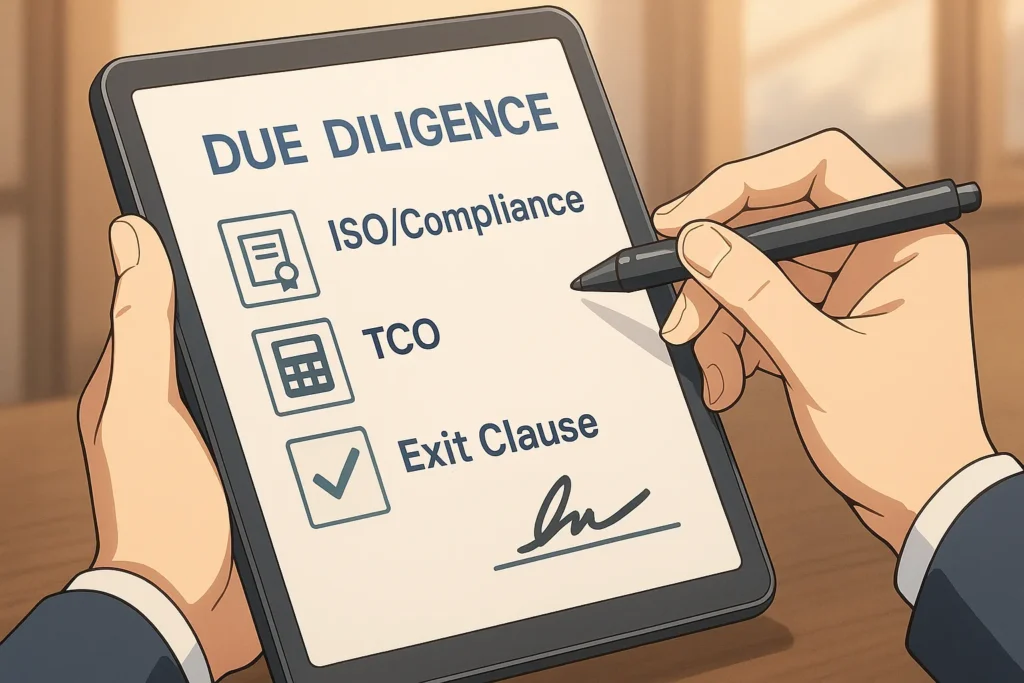 Seorang manajer melakukan due diligence vendor menggunakan checklist digital di tablet, memeriksa kepatuhan ISO, TCO, dan klausul exit kontrak.