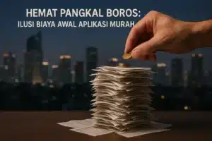 Ilustrasi risiko aplikasi murah tangan menaruh koin di atas tumpukan tagihan tinggi di meja, dengan background kota Jakarta malam hari, simbol bahaya harga terlalu murah dan risiko aplikasi murah yang memicu biaya tersembunyi.