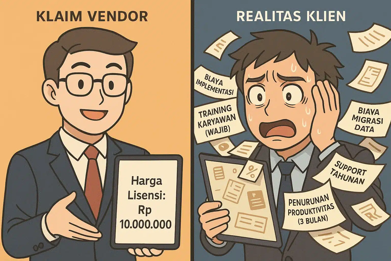 Ilustrasi perbandingan biaya lisensi software dengan biaya total TCO yang tersembunyi seperti implementasi dan training, menunjukkan cara hitung ROI aplikasi yang benar.