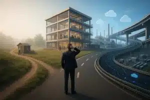 Ilustrasi perbedaan software house vs jasa. Seorang eksekutif bisnis bingung memilih tiga jalan berbeda yang merepresentasikan jasa freelance, software house profesional, dan system integrator skala besar.