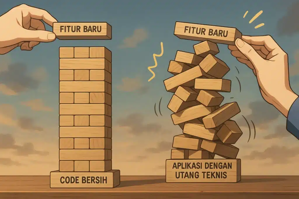 Ilustrasi utang teknis (technical debt) pakai menara Jenga, membandingkan kode rapi (kokoh) vs kode berantakan (rapuh) saat menambah fitur baru.