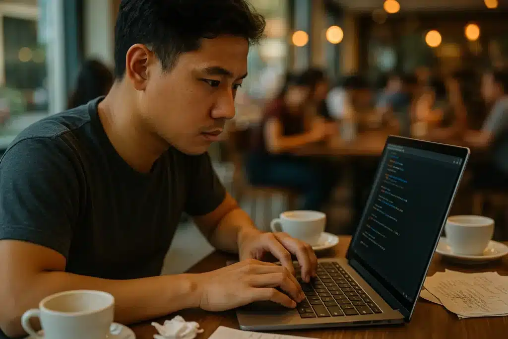 Seorang pengembang aplikasi freelance bekerja sendirian di kafe menggunakan laptop untuk proyek jangka pendek.