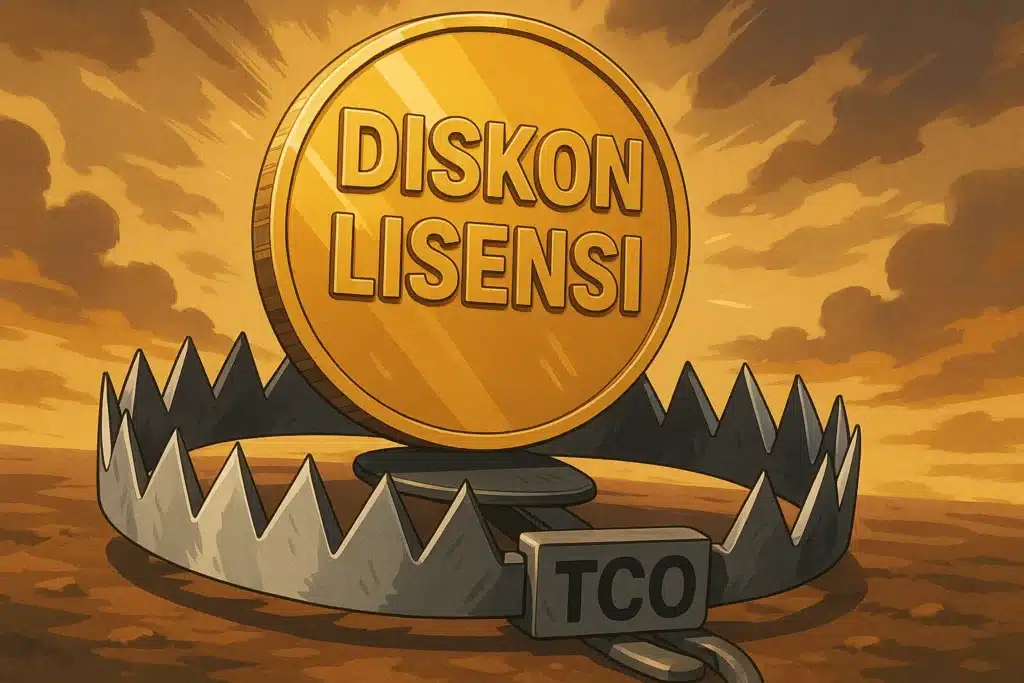 Koin diskon lisensi software yang ternyata adalah umpan di atas perangkap beruang berlabel TCO, simbol biaya tersembunyi saat menghitung ROI aplikasi.