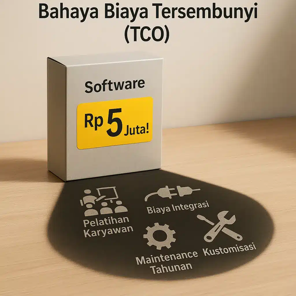 Sebuah kotak software dengan harga murah, namun memiliki bayangan besar yang menunjukkan ikon-ikon biaya tersembunyi seperti pelatihan dan maintenance, menggambarkan konsep TCO.