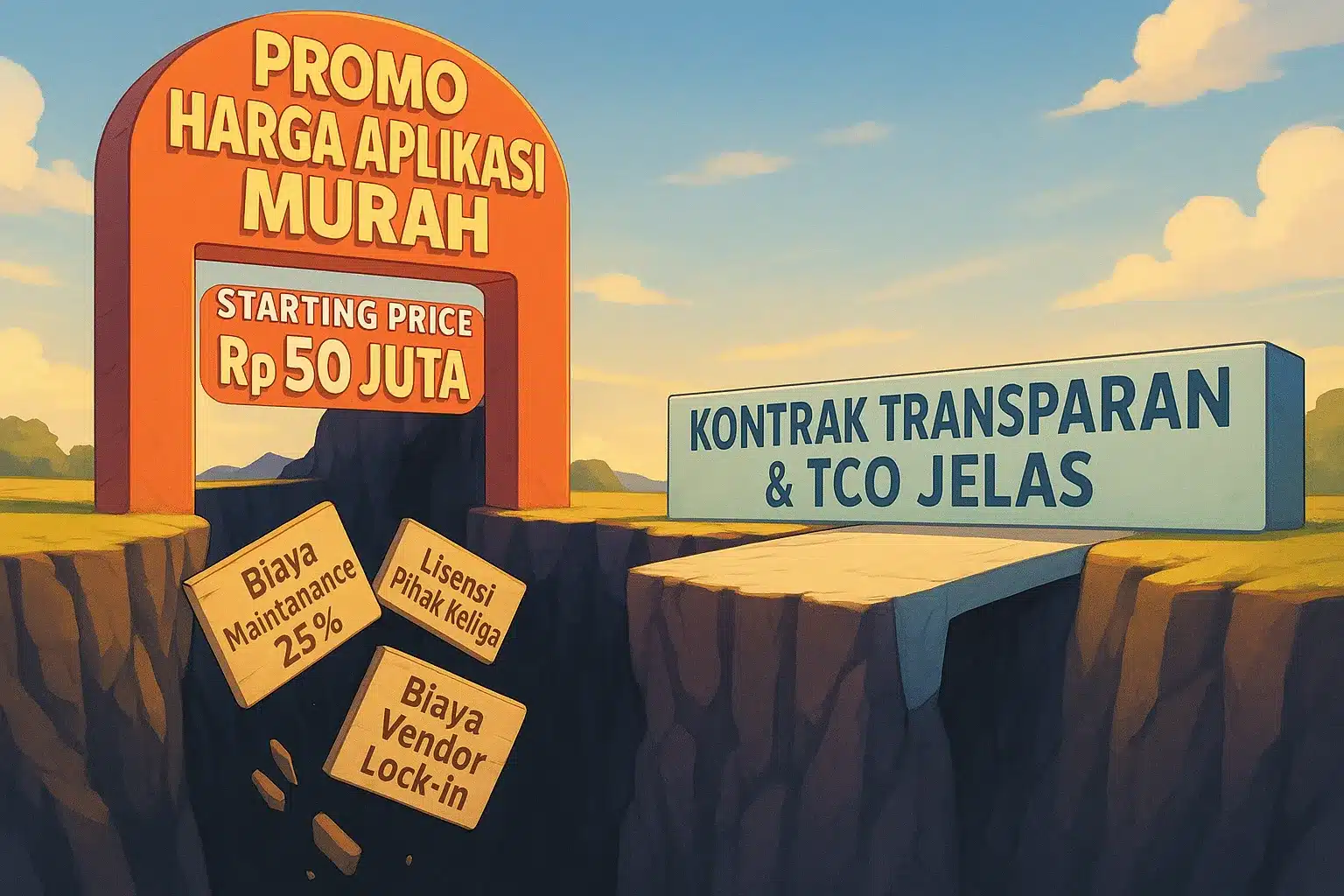Ilustrasi masa depan industri aplikasi 3D gerbang promo harga aplikasi murah yang menyembunyikan jurang biaya tersembunyi dan vendor lock-in, dengan satu jembatan menuju kontrak transparan.