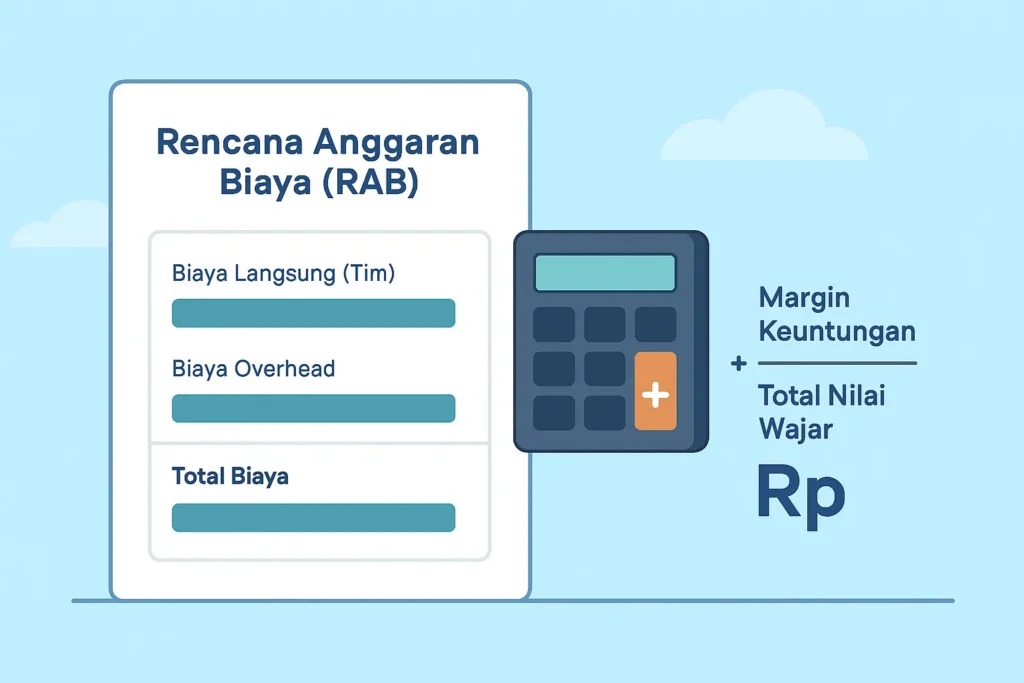Infografis perhitungan RAB estimasi biaya software, menunjukkan kalkulator menambahkan margin keuntungan ke total biaya produksi.