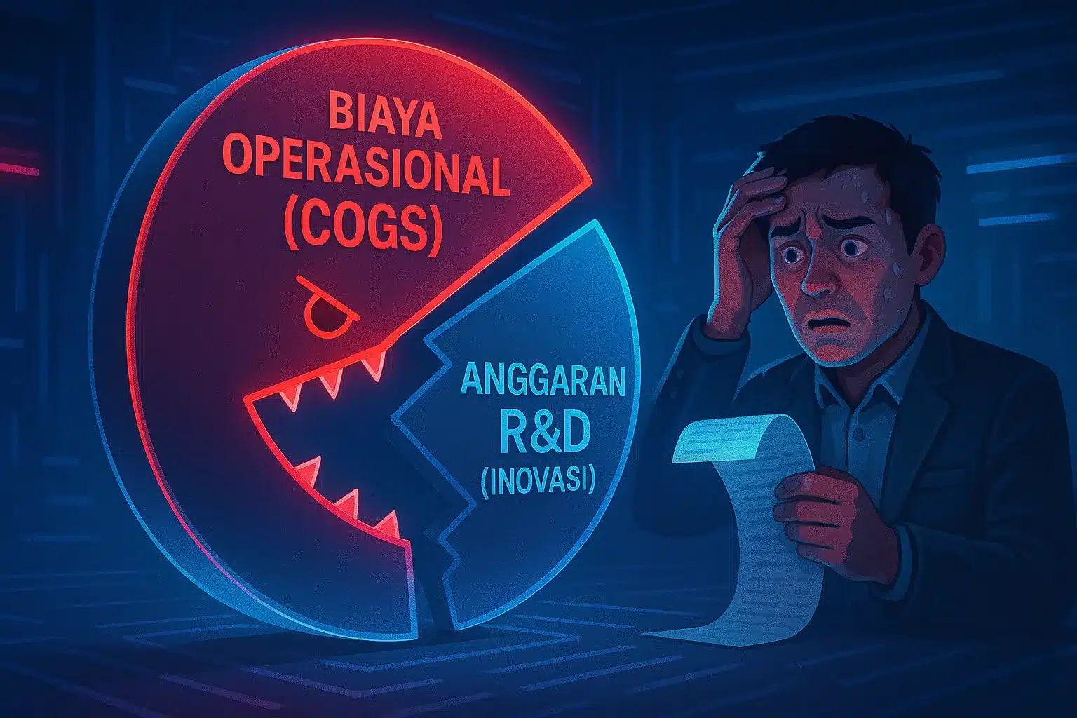 Ilustrasi Dampak Overcharge Startup 3D diagram lingkaran anggaran startup di mana irisan 'Biaya Operasional (COGS)' memakan irisan 'Anggaran R&D (Inovasi)', menggambarkan dampak overcharge.