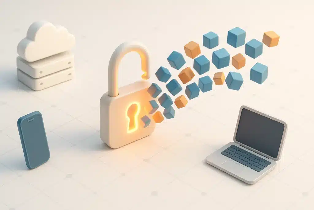 Ilustrasi 3D gembok digital yang terbuka, mengeluarkan aliran data ke jaringan terbuka, menyimbolkan pencegahan vendor lock-in dan kepemilikan penuh kode sumber aplikasi oleh klien.