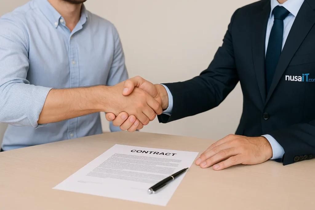 Dua profesional bisnis (klien dan konsultan IT Nusait.com) berjabat tangan erat di atas meja rapat, menandakan kesepakatan yang adil.