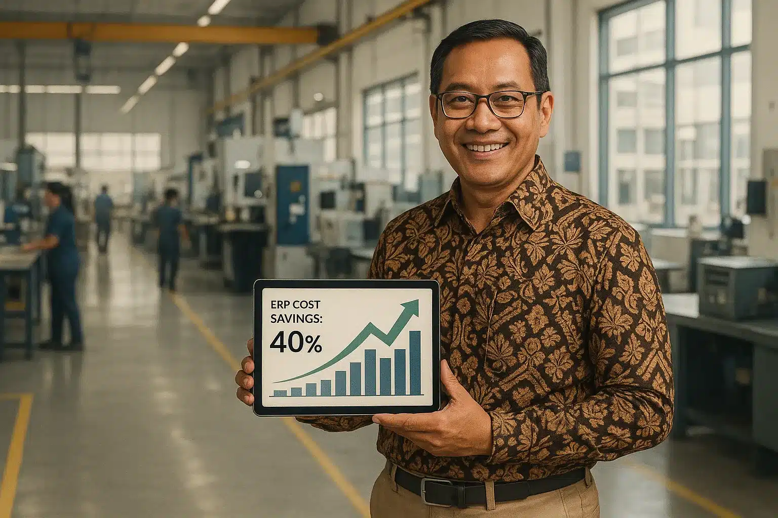 Ilustrasi Studi Kasus Negosiasi Harga. Pengusaha Indonesia tersenyum melihat tablet yang menunjukkan grafik penghematan biaya ERP sebesar 40 persen di pabrik modern.