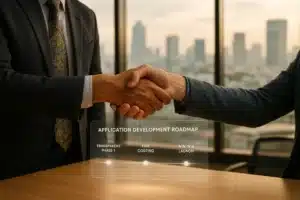 Ilustrasi Iklim Bisnis Sportif Aplikasi. Jabat tangan profesional antara pengusaha dan vendor IT di atas meja dengan proyeksi peta jalan digital yang transparan, menyimbolkan kolaborasi bisnis aplikasi yang sportif dan jujur di Jakarta.