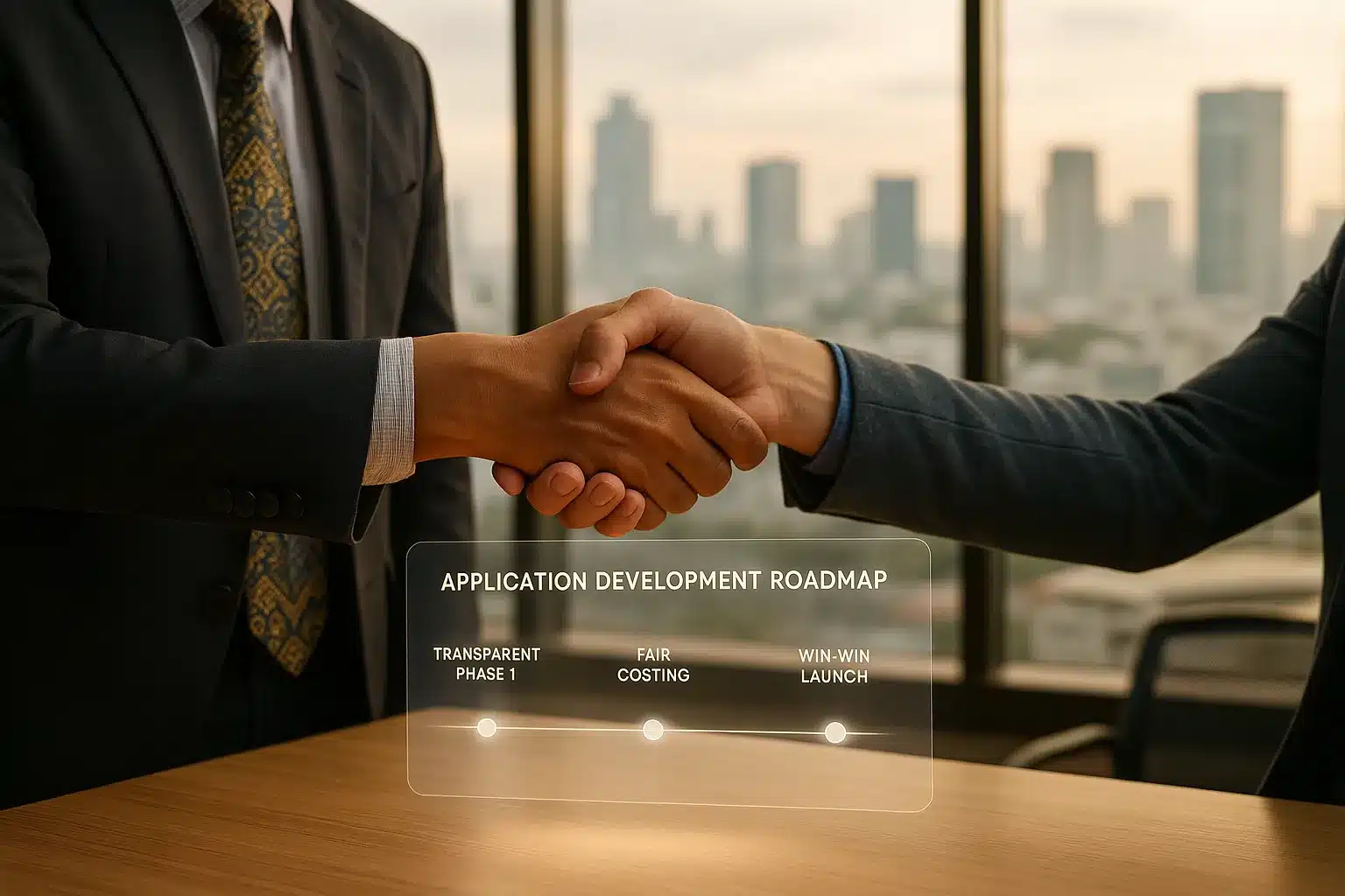 Ilustrasi Iklim Bisnis Sportif Aplikasi. Jabat tangan profesional antara pengusaha dan vendor IT di atas meja dengan proyeksi peta jalan digital yang transparan, menyimbolkan kolaborasi bisnis aplikasi yang sportif dan jujur di Jakarta.