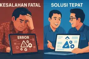 Ilustrasi kontras kesalahan memilih vendor aplikasi: pengusaha stres melihat aplikasi error di kiri, dan pengusaha sukses berdiskusi dengan konsultan IT terpercaya di kanan.