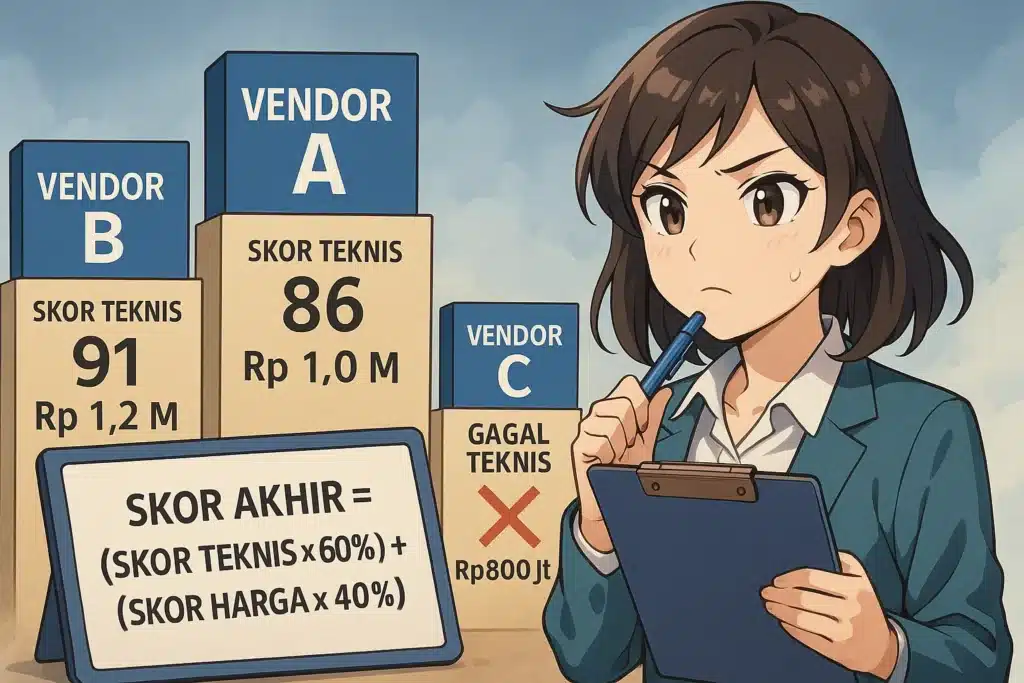 Ilustrasi matriks penilaian RFP yang menunjukkan bagaimana vendor dengan kombinasi skor teknis dan skor harga terbaik memenangkan tender, bukan yang termurah.