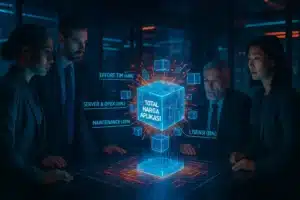 Ilustrasi parameter objektif harga aplikasi. Tim profesional di ruang rapat sedang menganalisis proyeksi hologram yang memecah total harga aplikasi menjadi rincian biaya transparan seperti effort tim, server, dan maintenance.