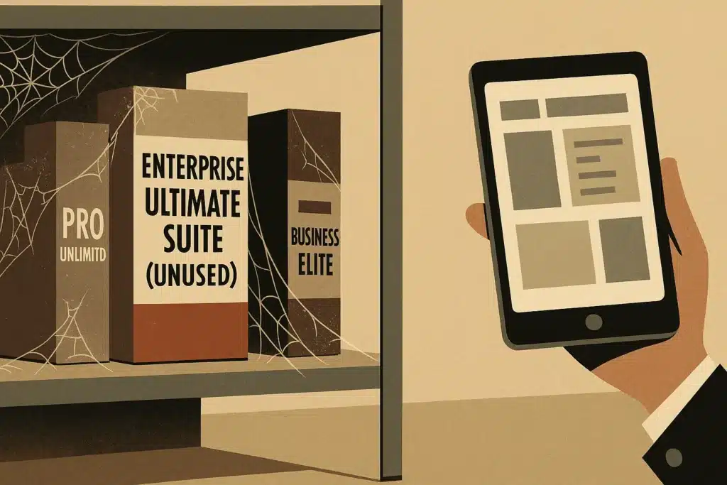 Rak berdebu berisi kotak software mahal yang tidak terpakai (shelfware) dibandingkan dengan tablet modern yang efisien.