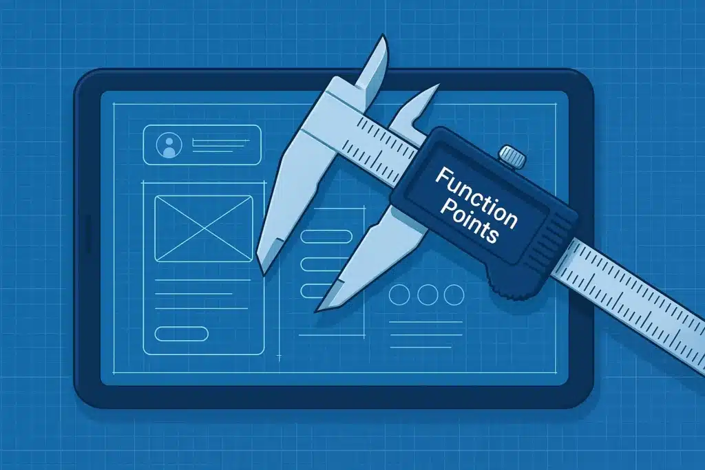 Ilustrasi blueprint digital aplikasi yang sedang diukur dengan jangka sorong untuk menghitung Use Case Point (UCP) atau Function Point.