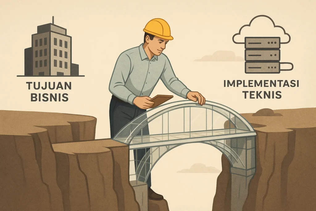 Ilustrasi auditor teknologi independen membangun jembatan yang menghubungkan antara tujuan bisnis dan implementasi teknis proyek IT.