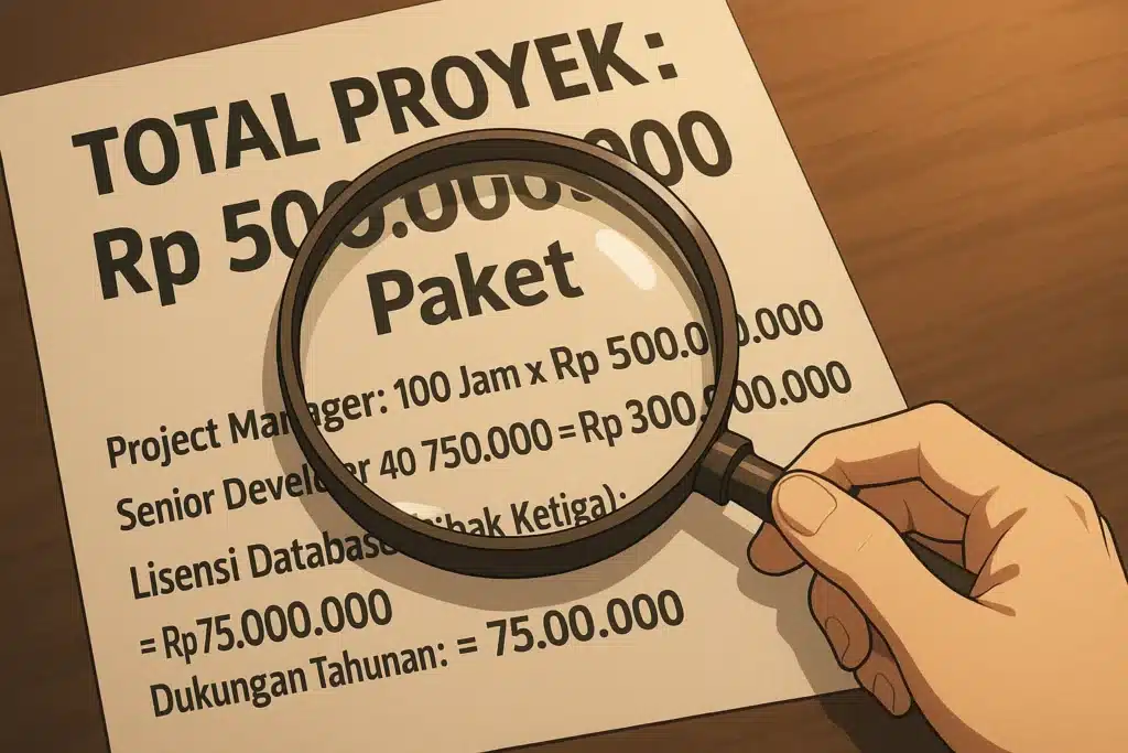 Kaca pembesar membedah harga paket proyek IT menjadi rincian effort jam kerja personalia, biaya lisensi, dan biaya dukungan.