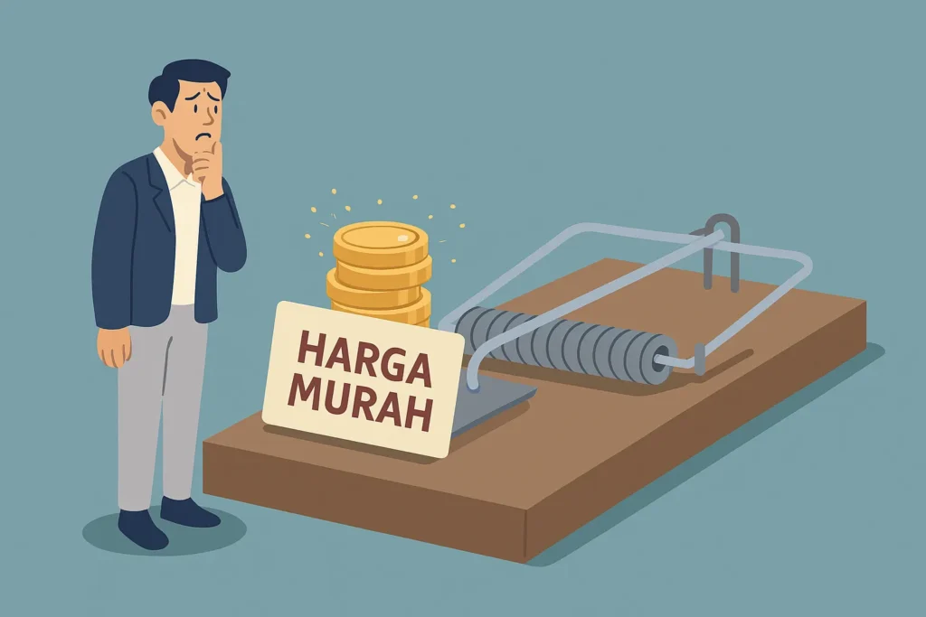 Ilustrasi metaforis seorang pengusaha melihat jebakan tikus dengan umpan koin berlabel 'HARGA MURAH', menyimbolkan bahaya vendor aplikasi murahan.