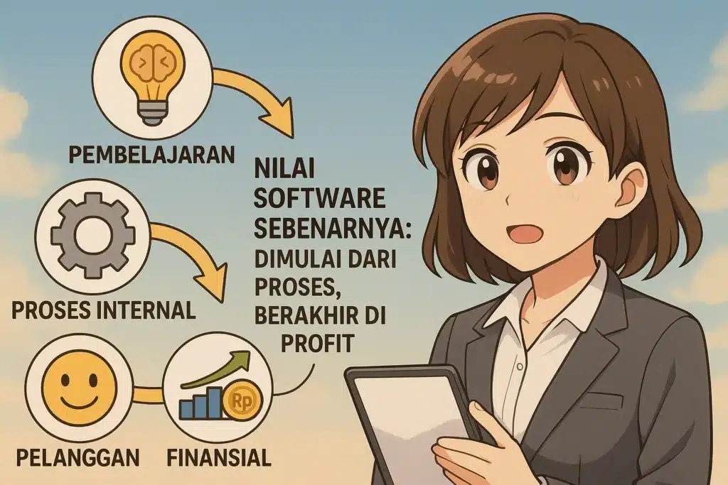 Infografis sederhana menunjukkan alur Balanced Scorecard untuk nilai value based aplikasi, dari pembelajaran karyawan ke proses, pelanggan, dan finansial.