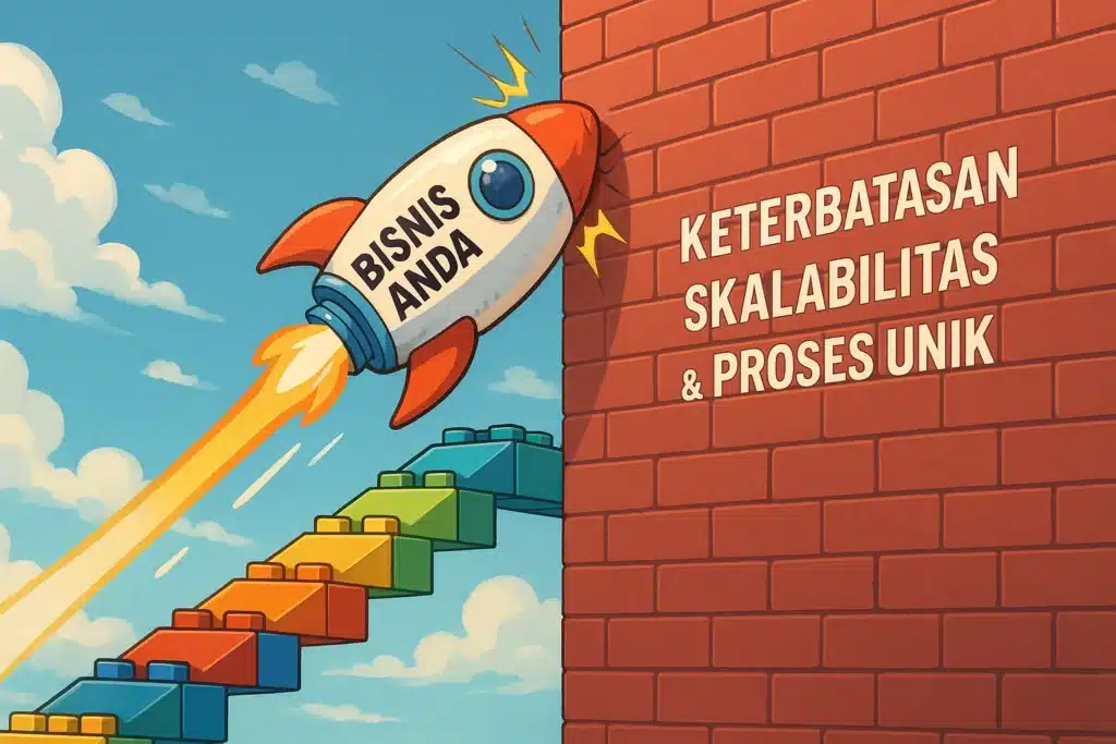 Visualisasi batas skalabilitas no-code, di mana roket bisnis yang tumbuh cepat membentur tembok bata keterbatasan platform.