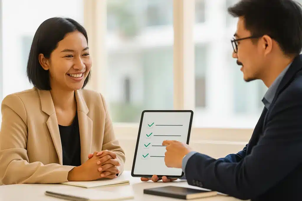 Foto tim konsultan IT Nusait.com sedang berdiskusi transparan menggunakan checklist dengan seorang klien pemilik startup.