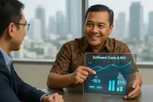 Ilustrasi Revolusi Harga Aplikasi. Pengusaha Indonesia memegang tablet transparan yang menampilkan rincian harga software dan ROI di kantor modern Jakarta.
