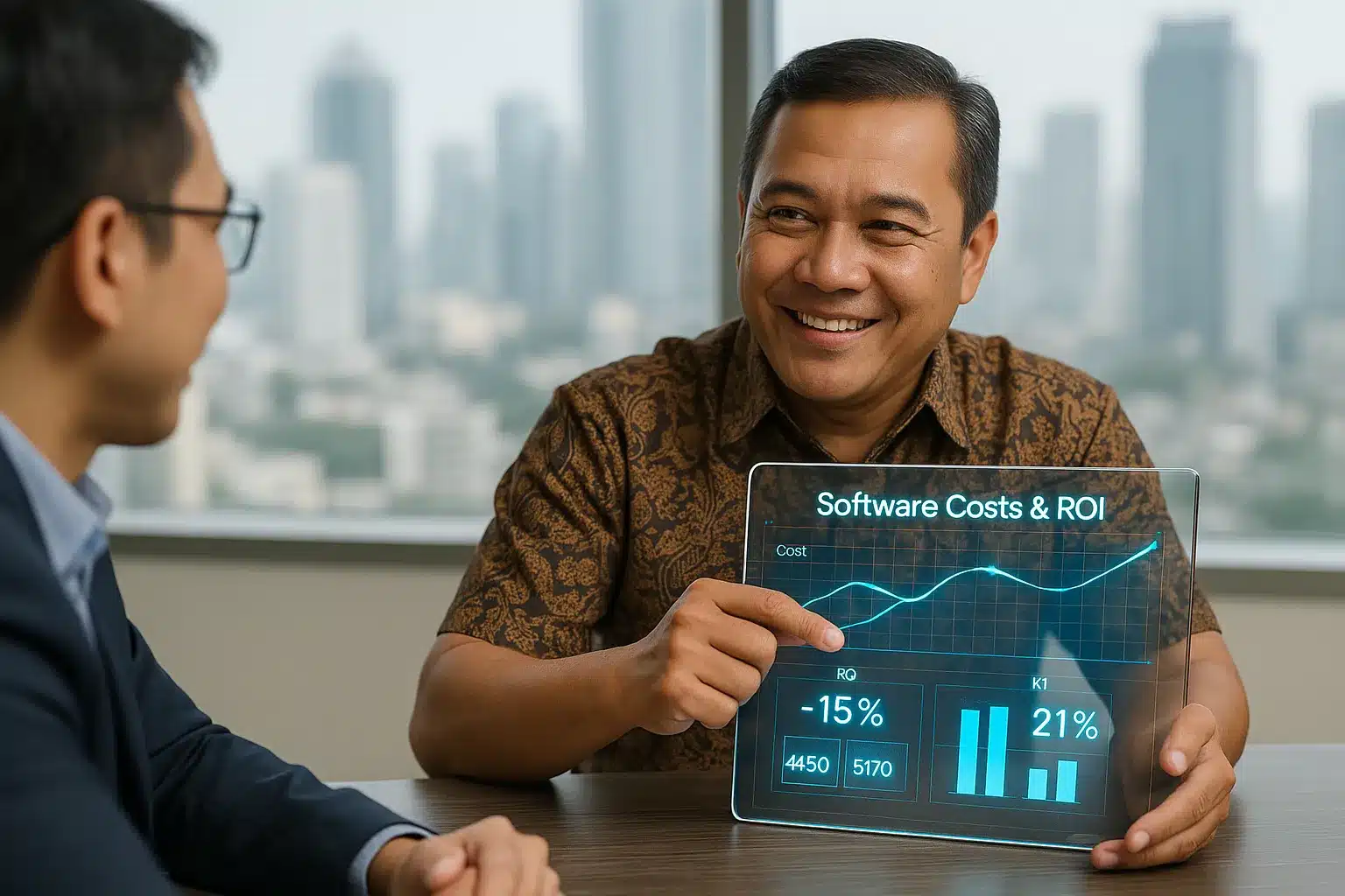 Ilustrasi Revolusi Harga Aplikasi. Pengusaha Indonesia memegang tablet transparan yang menampilkan rincian harga software dan ROI di kantor modern Jakarta.