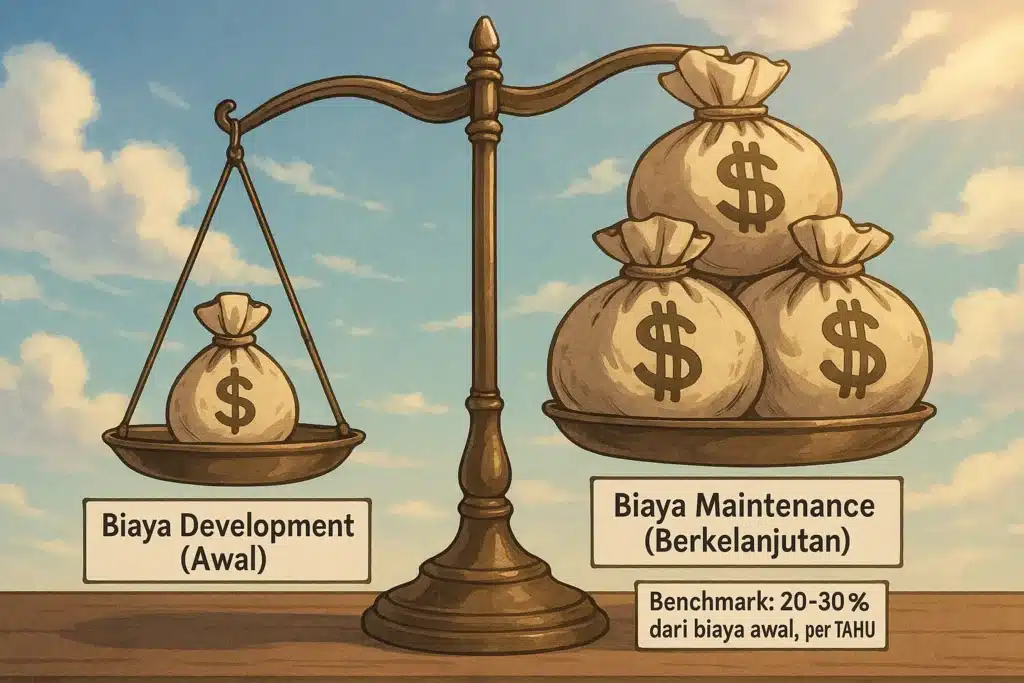 Ilustrasi timbangan yang menunjukkan biaya maintenance aplikasi (berat) jauh lebih besar daripada biaya development awal (ringan).