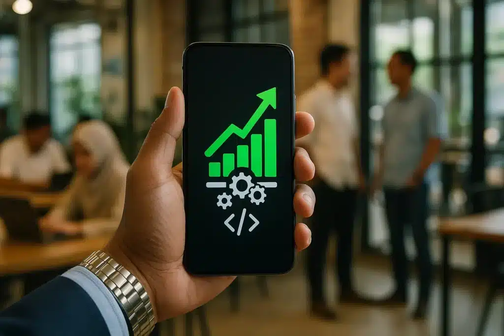 Tangan memegang smartphone yang menampilkan grafik pertumbuhan bisnis berwarna hijau sebagai hasil dari solusi digital yang tepat.