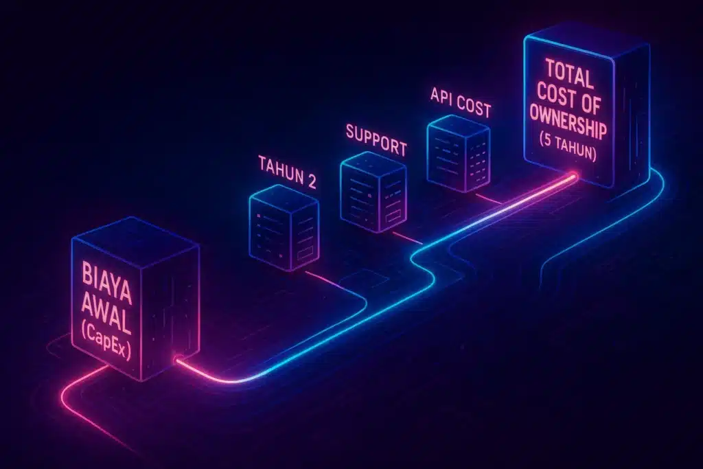Ilustrasi infografis berbentuk jalan yang menunjukkan perbandingan biaya awal (CapEx) yang terlihat di depan, diikuti oleh deretan biaya operasional bulanan dan tahunan (OpEx) yang panjang di masa depan.