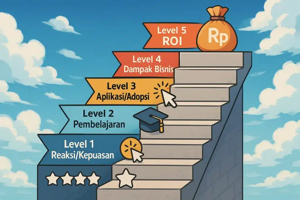 Infografis 5 level metodologi cara menghitung ROI software, dimulai dari Reaksi, Pembelajaran, Aplikasi, Dampak Bisnis, hingga hasil finansial ROI.
