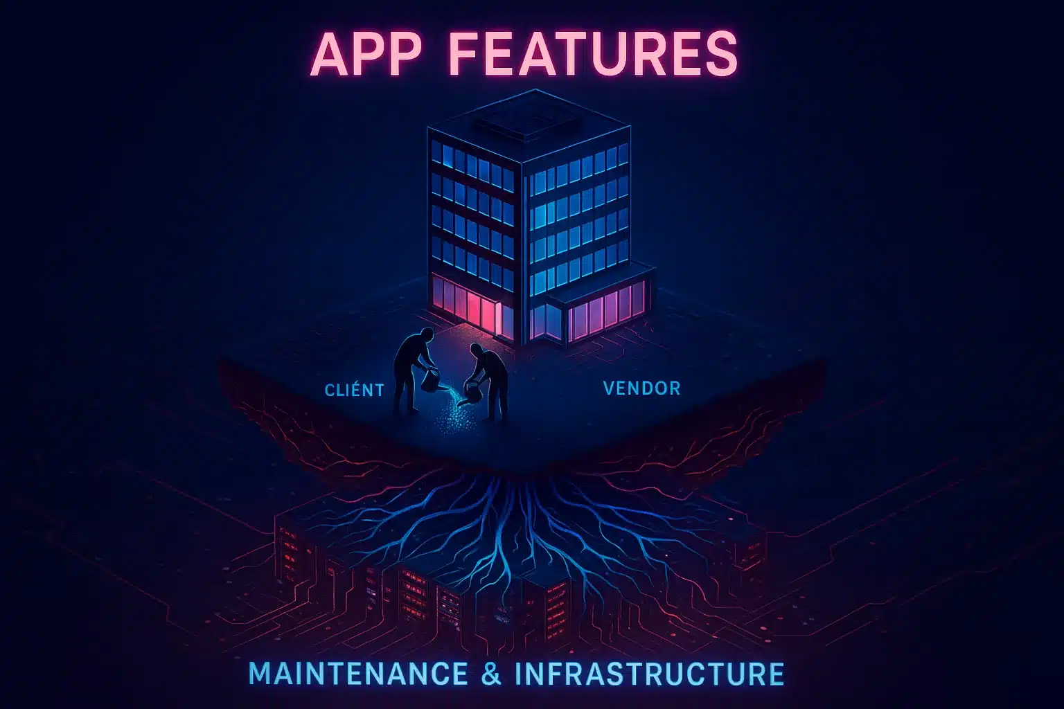 Ilustrasi Model Model Harga Aplikasi Win-Win isometrik gedung digital dengan pondasi server bawah tanah yang kompleks, dirawat bersama oleh vendor dan klien.