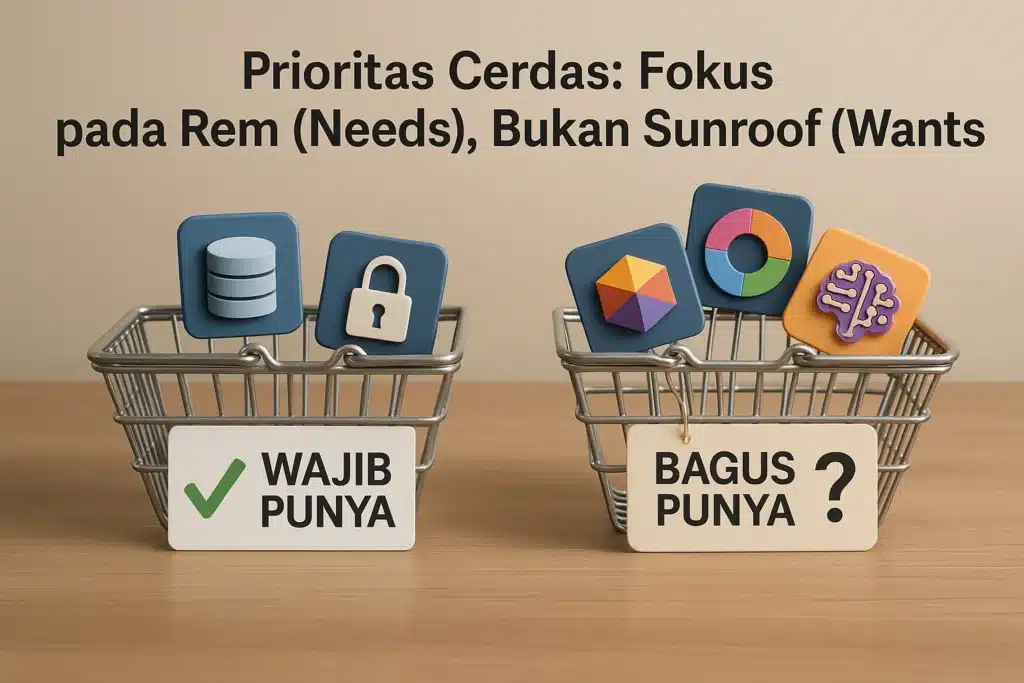 Ilustrasi keranjang belanja 'Needs' (kebutuhan inti seperti keamanan) vs 'Wants' (keinginan seperti fitur canggih) dalam metodologi pembelian software.