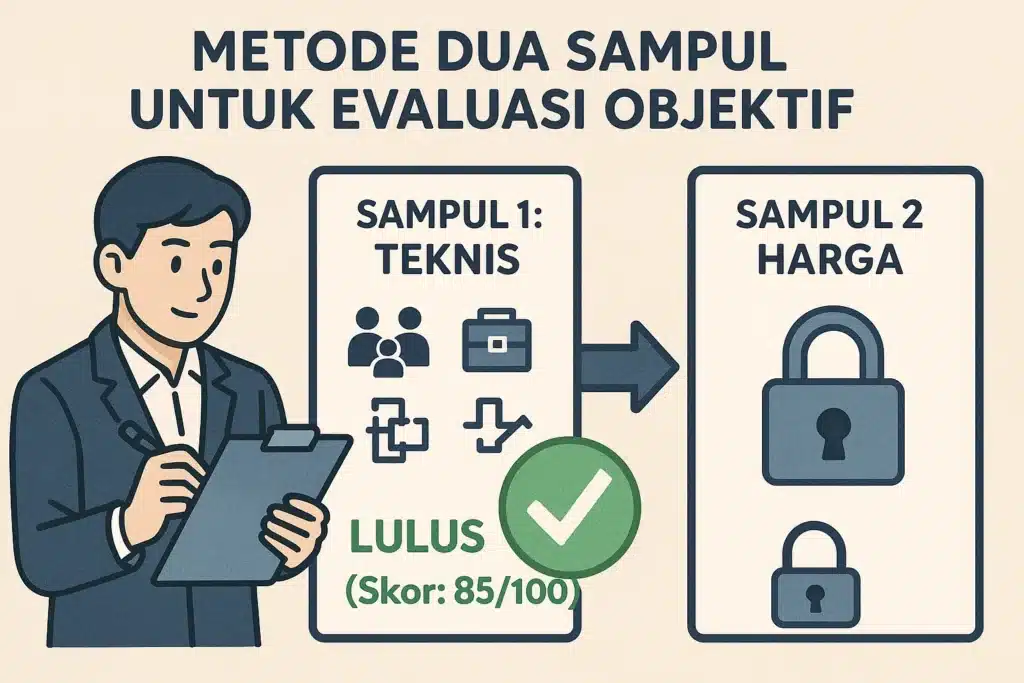 Infografis yang menunjukkan proses evaluasi RFP metode dua sampul, di mana proposal teknis dievaluasi terlebih dahulu sebelum proposal harga dibuka.