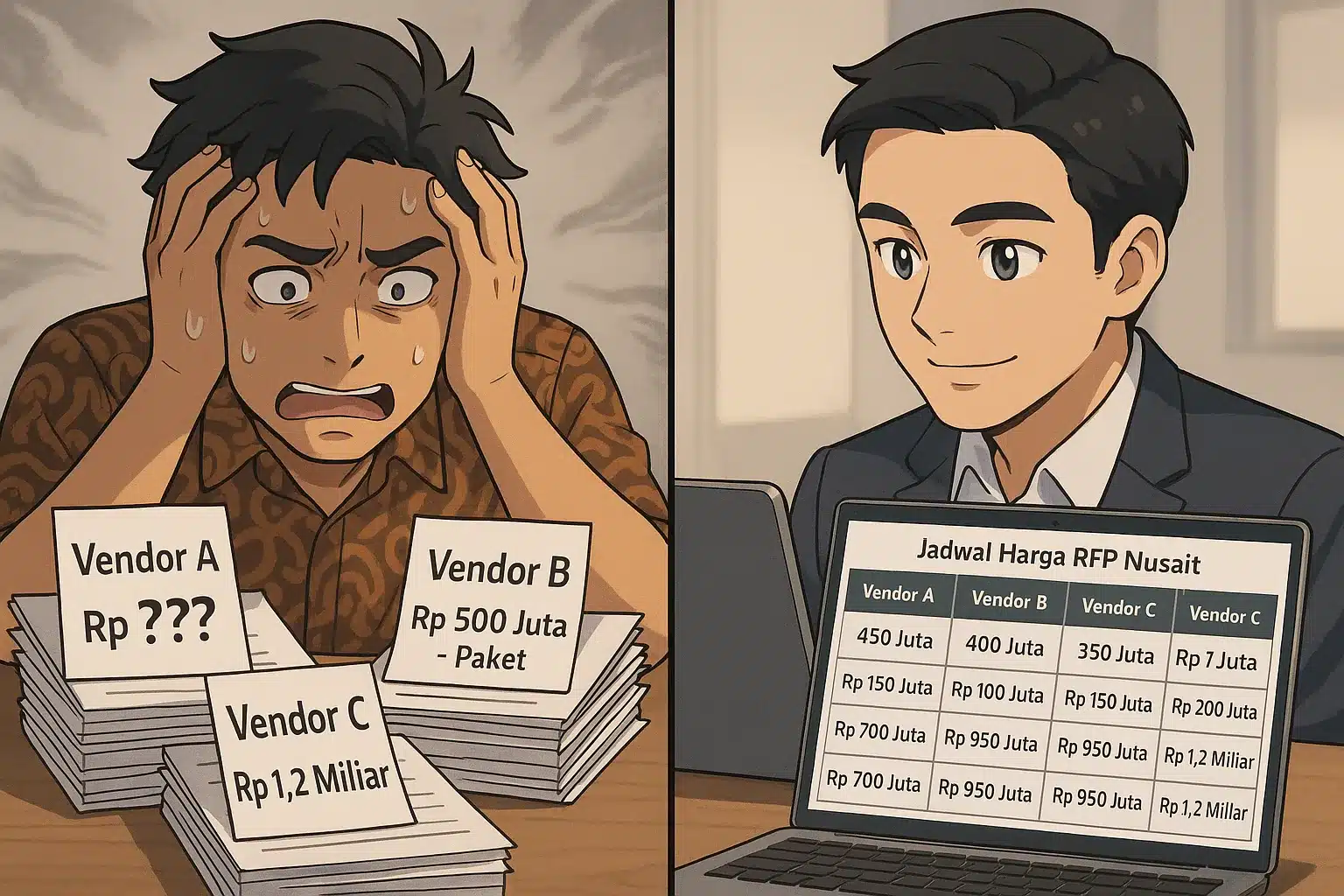 Ilustrasi perbandingan antara proposal vendor yang berantakan (RFP buram) dan spreadsheet perbandingan harga yang rapi (RFP aplikasi transparan).