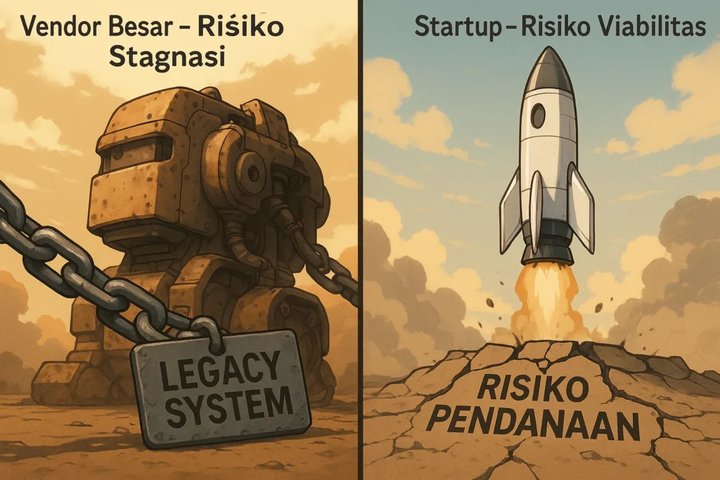 Perbandingan visual risiko vendor: mesin tua berkarat (risiko stagnasi vendor besar) melawan roket modern di fondasi retak (risiko viabilitas startup).