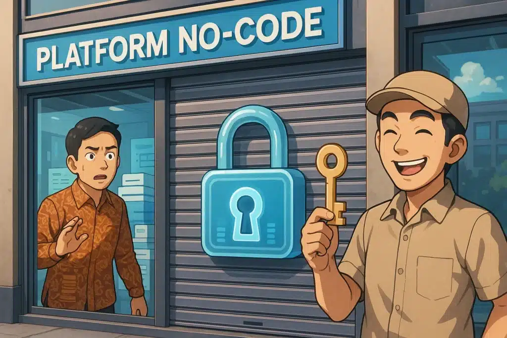 Ilustrasi bahaya vendor lock-in no-code, di mana data bisnis seorang pebisnis terjebak dalam ruko platform yang digembok oleh vendor.