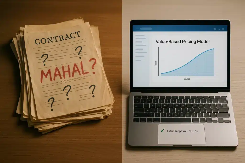 Perbandingan tumpukan kontrak kertas yang membingungkan dengan dashboard digital yang transparan dan jelas.