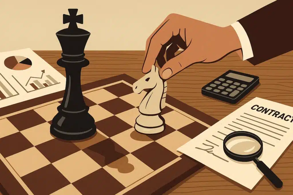Tangan memindahkan bidak catur kecil yang mengancam raja besar, dikelilingi dokumen analisis data dan kontrak.
