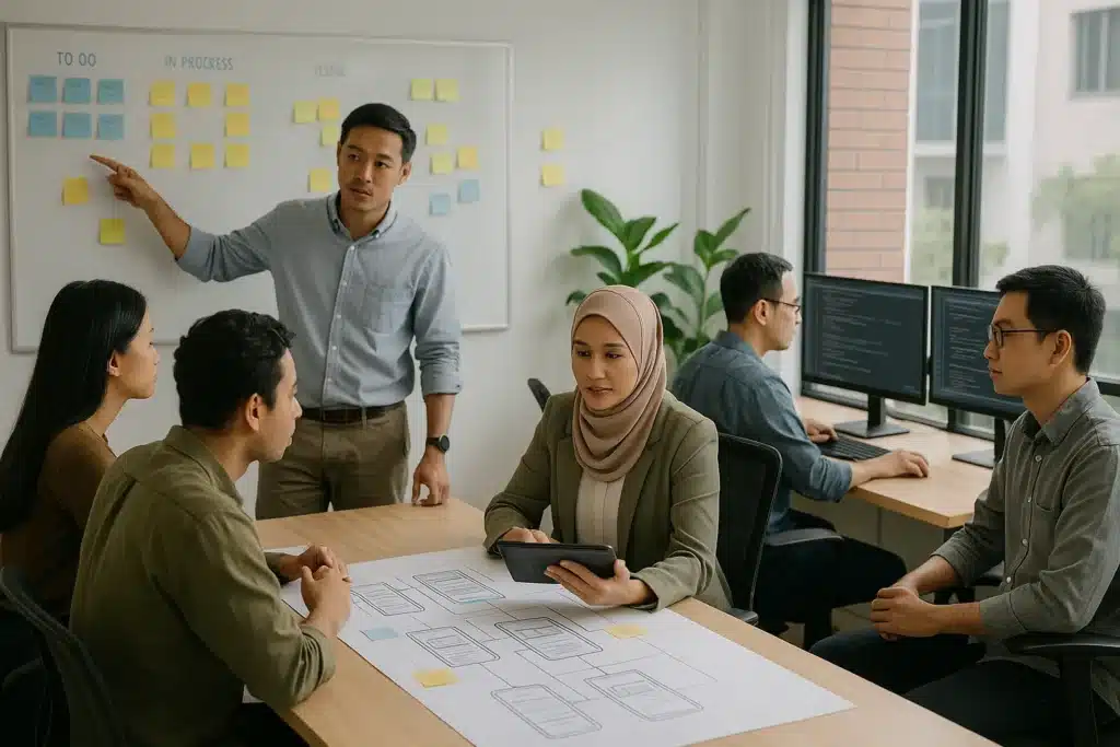 Tim software house profesional yang terdiri dari manajer proyek, desainer, dan developer sedang berkolaborasi merancang aplikasi bisnis.