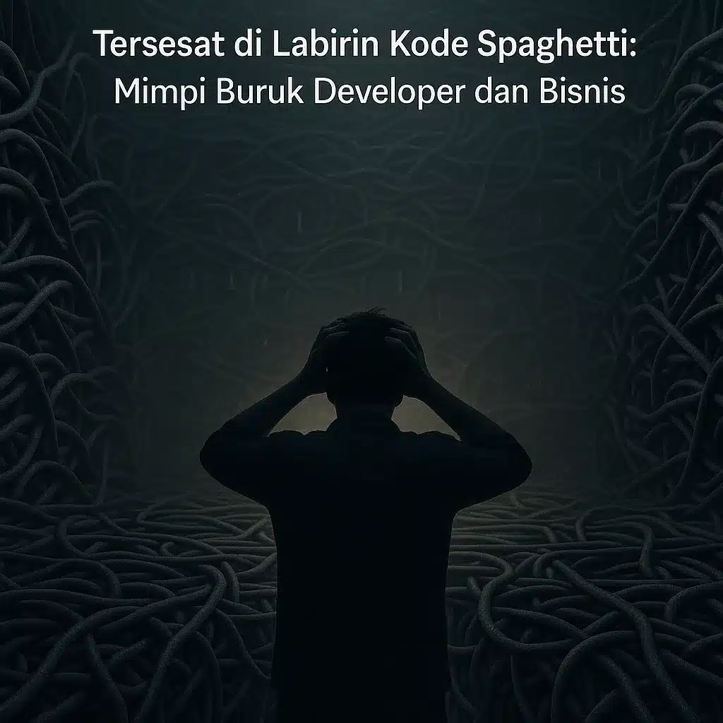 Ilustrasi developer memegang kepala di tengah labirin kabel kusut, menggambarkan kesulitan dan kebingungan menghadapi kode spaghetti pada aplikasi murah.