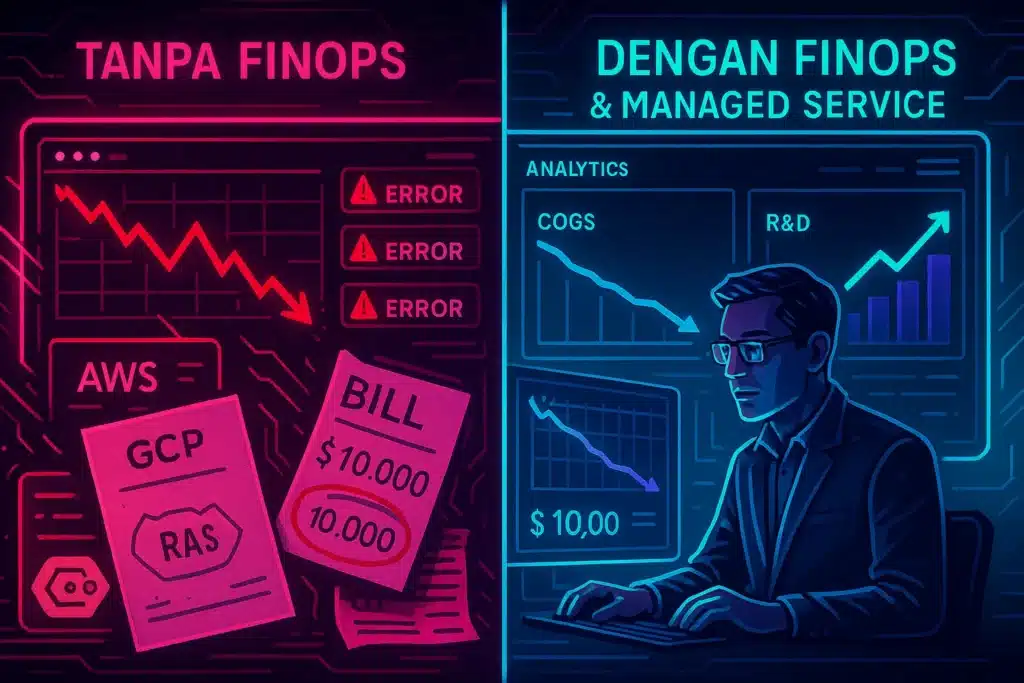 Perbandingan layar 'Before' (dasbor biaya IT kacau) dan 'After' (dasbor FinOps bersih dan terkendali) setelah menggunakan managed service.