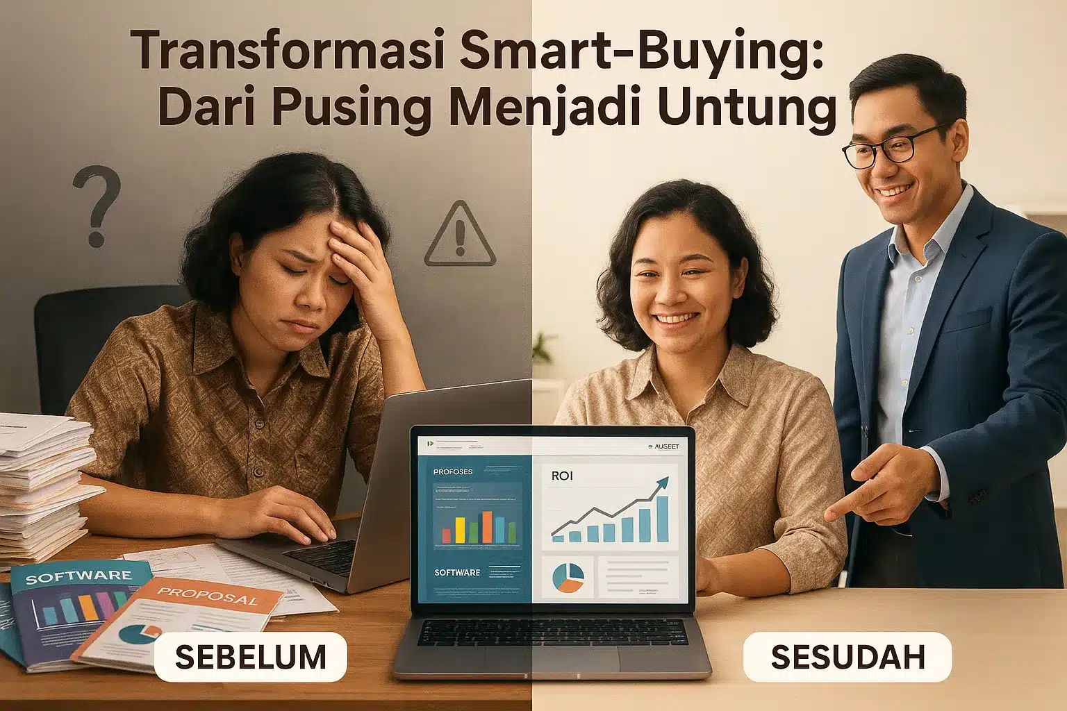 Ilustrasi perbandingan seorang manajer yang pusing memilih software (sebelum) dan manajer yang sukses dibantu konsultan IT (sesudah), menunjukkan value kerangka smart-buying aplikasi.