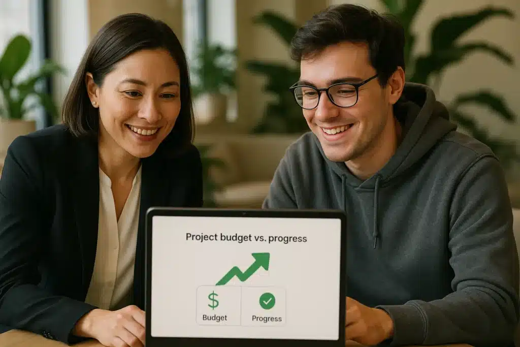 Seorang pemilik bisnis wanita dan pengembang software pria duduk bersama melihat tablet yang menampilkan grafik anggaran proyek aplikasi yang jelas dan transparan.